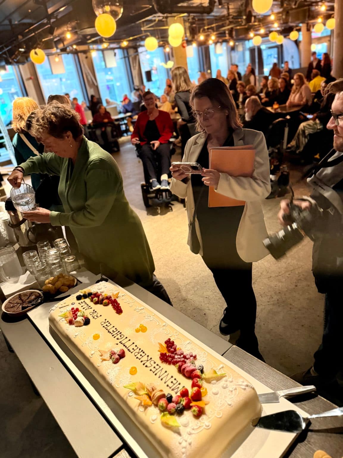 Lang rektangulær kake pyntet med bær og gelédekor, med teksten «MENNESKESREGISTER FOR ALLE» – omgitt av mennesker som feirer en offentlig milepæl.
