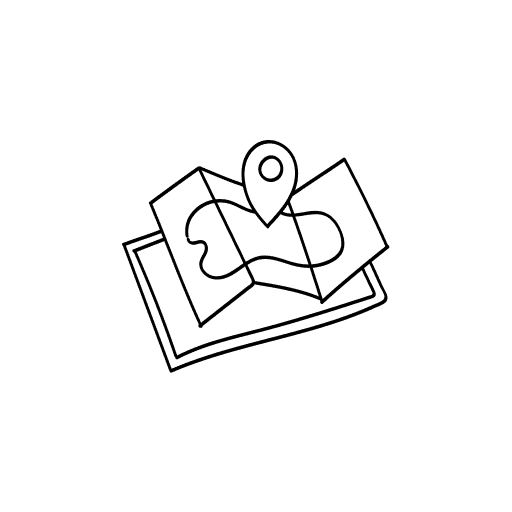 Illustrasjon av et komplekst kartlag med topografiske og strukturelle elementer, inkludert veier, soner og markører. 