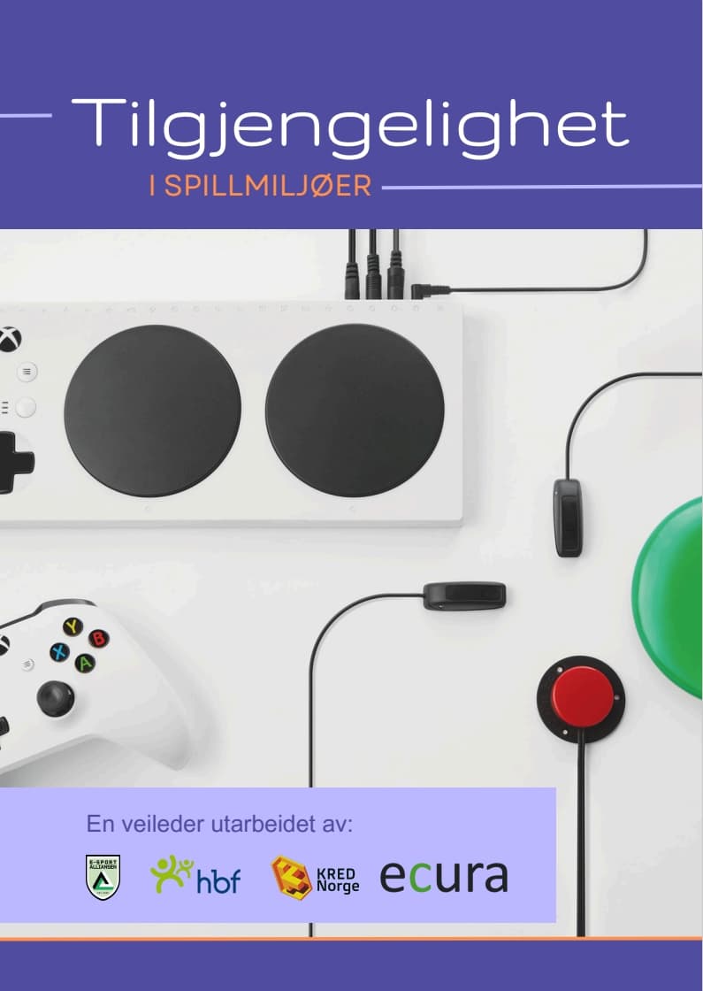 Informasjonsgrafikk med Xbox Adaptive Controller og tilkoblet spesialutstyr, samt logoer fra Ecura og samarbeidspartnere – et bilde på teknologisk tilrettelegging for spillere med funksjonsvariasjon